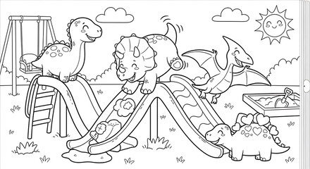Dinosaur Playground Coloring Page with Slide Swings Sandbox and Smiling Sun