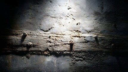 Rough concrete wall with horizontal wooden beam and protruding rusty metal fasteners texture cement