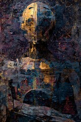 Abstract robot figure with golden head and dark textured background