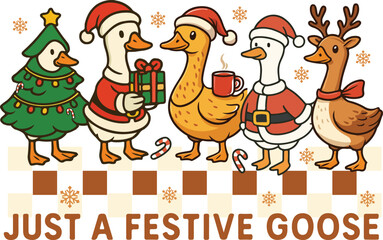 Fototapeta premium Holiday Goose Group with Santa Hats & Gifts
