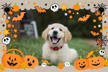 Happy golden retriever puppy celebrates halloween with festive decorations