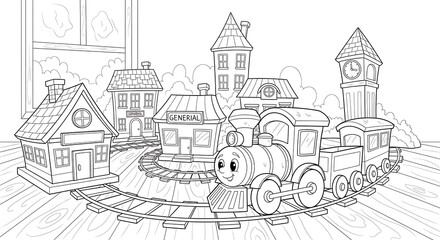 Obraz premium Whimsical Train Set Coloring Page with Buildings and Tracks for Children