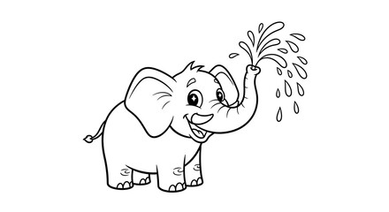 Cute Elephant Spraying Water with Trunk Black and White Line Art