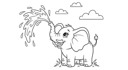 Obraz premium Cute Elephant Spraying Water from Trunk Coloring Page for Kids Activity