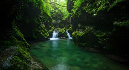 Serene Green Forest Stream with Small Waterfalls Surrounded by Mossy Rocks