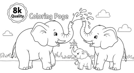 Elephant Family Coloring Page Mother Father and Baby Elephants Playing with Water