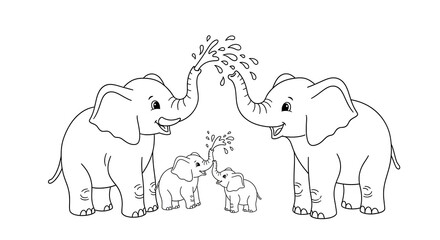 Happy Elephant Family Playing with Water A Cute Coloring Page Illustration