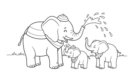 Elephant Family Outing Coloring Page Mother Father and Baby Elephants Playing