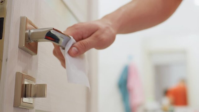 Close up hand wiping door handle with cloth for hygiene and disinfection, focus on cleanliness, health, safety, precaution, and routine care with blur view of objects in household background