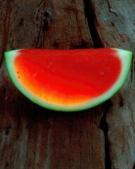 Juicy Watermelon Slice Resting on Rustic Wooden Surface in Natural Light