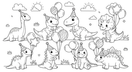 Cute Dinosaur Birthday Party Coloring Page with Balloons and Party Hats