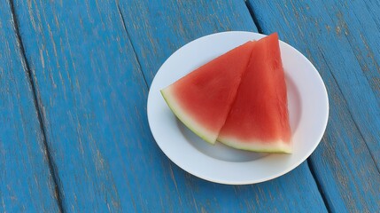 Fresh Watermelon Slices on a White Plate Resting on a Blue Wooden Table in Summer Sunlight