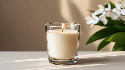White Candle Burning Softly on a Neutral Background With Natural Light Creating a Warm Ambiance