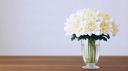 White Chrysanthemum Flowers in a Glass Vase Placed on a Wooden Table With a Plain Background