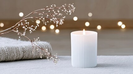 Soft and Serene White Candle Surrounded by Delicate Flowers on Neutral Background