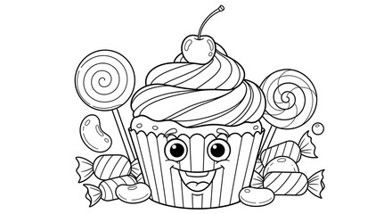 Cute Cupcake with Candy Coloring Page for Kids and Adults Relaxation