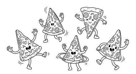 Dancing Pizza Slices Fun and Playful Black and White Cartoon Illustration