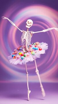 Whimsical Skeleton Ballerina in Candy Tutu - A skeleton ballerina performs a graceful pose, wearing a tutu adorned with colorful candies against a vibrant, swirling purple background.