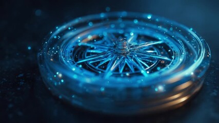 Luminous blue compass with a glowing needle spinning on a dark background. Magical floating particles surround the futuristic navigation device, symbolizing guidance, direction, and technology - Powered by Adobe