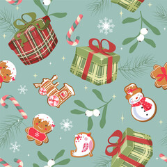 Christmas seamless pattern featuring a fir tree, mistletoe, Christmas balls and gingerbread. The illustration is suitable for use as a decorative wrapping paper or textile print. It is a vector illust