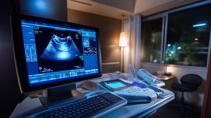 Fototapeta premium Ultrasound screen glowing in darkened room for clearer visibility of vascular flow.
