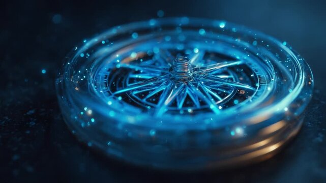 Luminous blue compass with a glowing needle spinning on a dark background. Magical floating particles surround the futuristic navigation device, symbolizing guidance, direction, and technology