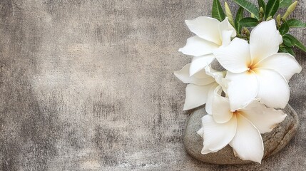 White Flowers Arranged on a Smooth Stone Surface in a Tranquil Setting for Relaxation and Peace