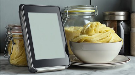 Kitchen Counter Scene With Digital Tablet and Pasta in a Bright, Modern Kitchen Setting