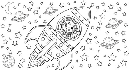 Astronaut in Rocket Coloring Page with Stars and Planets for Kids © dingraphwork 