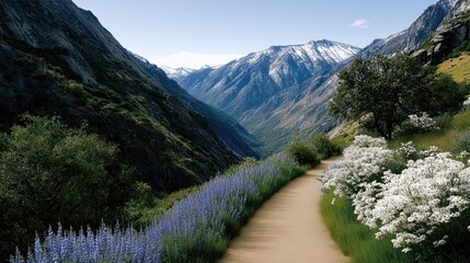 Wildflowers Blooming Along a Scenic Mountain Trail in Spring Sunshine