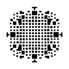 Symmetrical arrangement of black squares forming a circular pattern on a white background with accents around