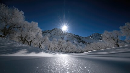 Winter Landscape With Snow-Covered Trees and Bright Sun Over Distant Mountain