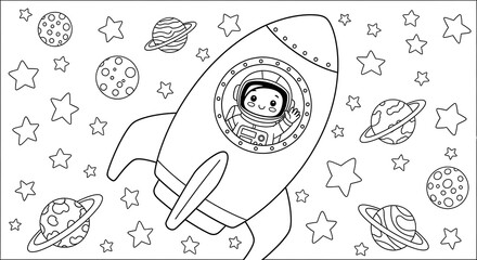 Cute Astronaut in Rocket Ship Coloring Page for Children s Activity Book © dingraphwork 