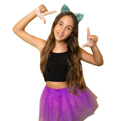 Happy child girl celebrating Halloween making frame gesture standing isolated over transparent background.