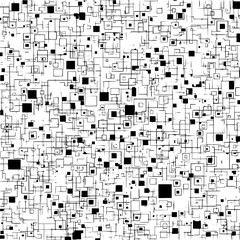 Dense arrangement of black squares and outlined squares scattered across a white background in an abstract style