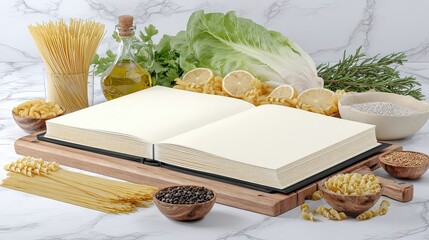 Wooden Cutting Board With Empty Cookbook and Fresh Ingredients for Healthy Cooking Adventures