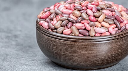 Wooden Bowl Filled With Various Plant Based Protein Beans on a Gray Surface