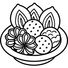 Decorative Line Art of Assorted Pitha Snacks, Traditional Bengali Sweets Vector, Minimal Dessert Illustration, Isolated Food Design