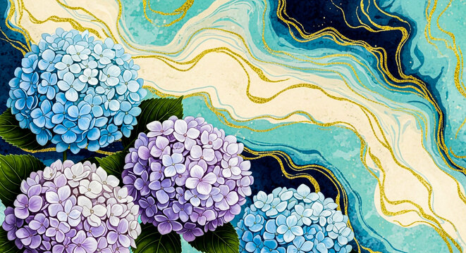 A cluster of soft blue and purple hydrangeas with green leaves against a swirling abstract background of blue, cream, and gold