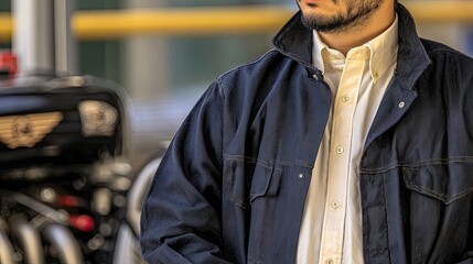 Workwear Jacket Worn by Man in Industrial Setting With Machinery in the Background