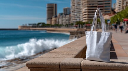 A stylish tote bag adorned with ocean waves sits next to calm blue waters, capturing the essence of relaxation and seaside beauty
