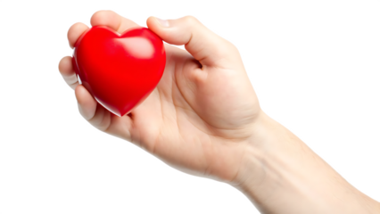 Red heart held in a light skin hand isolated on a transparent background love holding