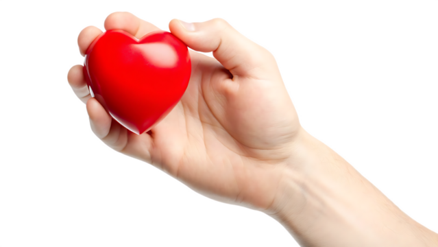 Red heart held in a light skin hand isolated on a transparent background love holding