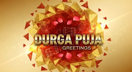 Durga puja greetings with a golden abstract background and red and pink elements