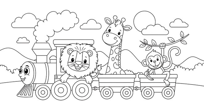 Adorable Animals on a Train Coloring Page for Kids Fun Activity