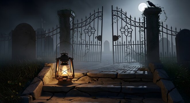 Creepy cemetery gate at night with a lantern and a crow on top, under a full moon with fog