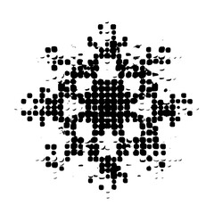 Abstract snowflake design created with black squares and circles in a radial symmetric arrangement pattern