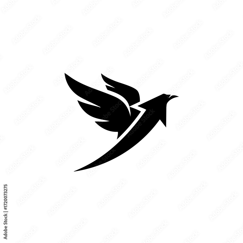 Poster flying bird vector logo design with wings spread in dynamic upward motion for branding and creative 