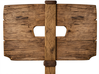 Rustic wooden sign with cutouts on white background isolated on a transparent background