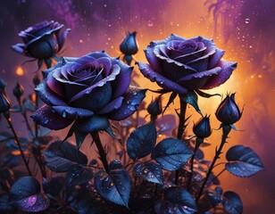 A dark rose in the night with purple and orange background for Halloween or gothic creations. 